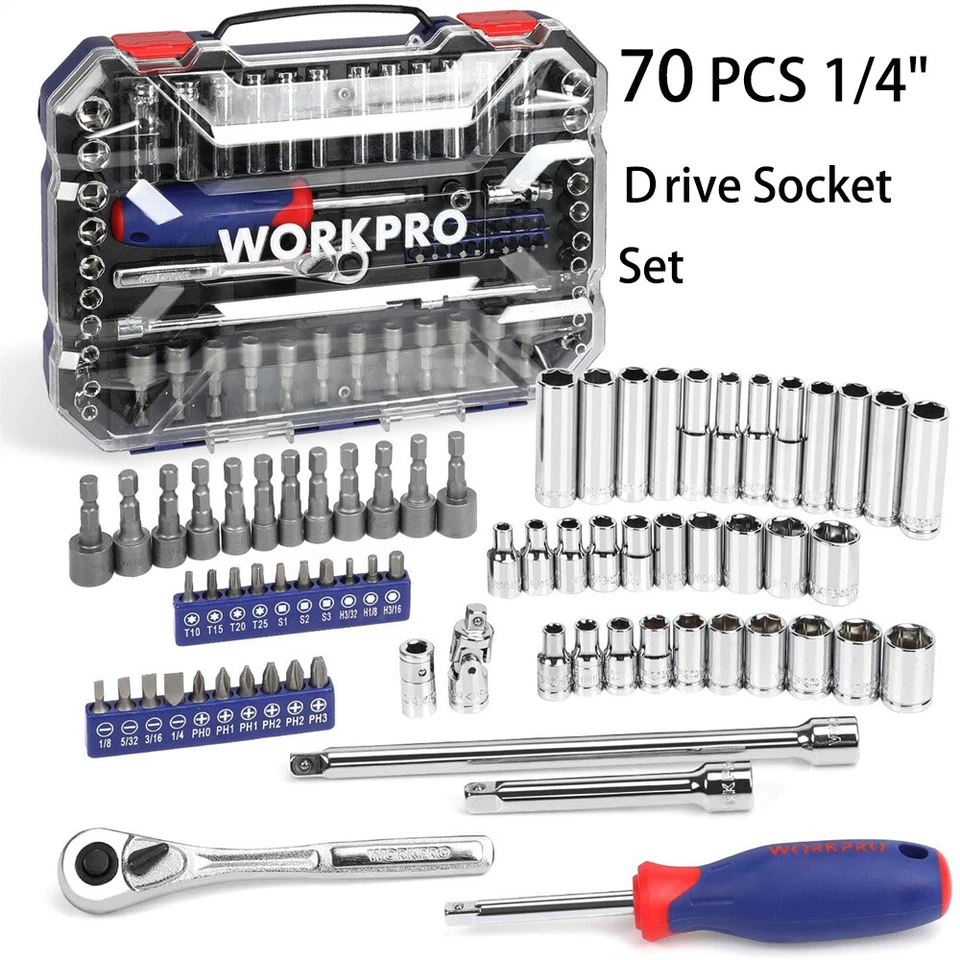 WORKPRO 70Piece 1/4"Drive Socket Set Quick-Release Ratchet Socket SAE METRIC SET