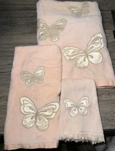 Vintage The Avanti Look Peach Bath Towel 3 Pc. Set, W/cream Satin Butterflies - Picture 1 of 4