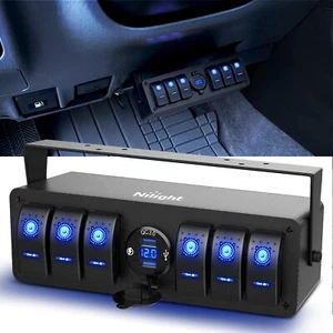 Nilight 6 Gang Rocker Switch Box 12V SPST ON Off Switch QC USB Charger Voltmeter - Picture 1 of 9