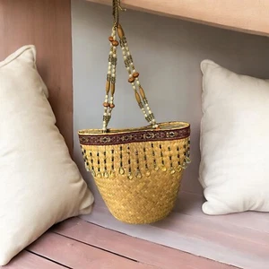 River Island Wicker Basket Handbag Pearl Beaded Handle Lined Interior Pocket - Picture 1 of 11