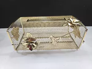 Vtg Gold Metal Wire Mesh Tissue Box Holder Hollywood Regency Floral Motif AS IS - Picture 1 of 12
