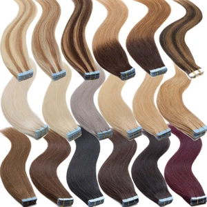 Russian Tape In Hair Extensions Skin Weft Real 100% Human Remy Hair Highlight - Picture 1 of 32