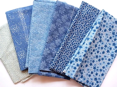 Stack 5 Pcs Pretty Blue Quilting Cotton Flowers Pansies Leaves 44x31" Crafts Qui - Image 1 of 4