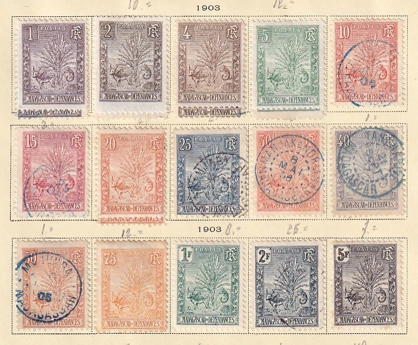 Французский Мадагаскар 1903 YV 63-77 CANC/MLH VF/CAT стоимость $450 - Изображение 1 из 1