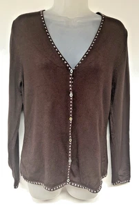 Laura Ashley UK14 brown V-neck long-sleeved cardigan with pink cross trims - Picture 1 of 9