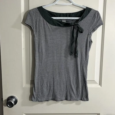 H & M в полоску футболка женщин маленький серый белый атласный бант морской минималистский Джерси - Изображение 1 из 3