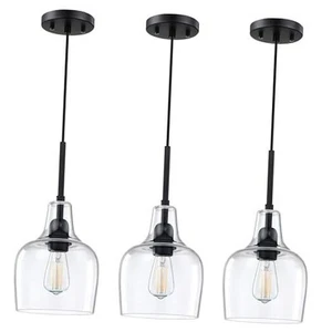 1 Light Kitchen Island Pendant Ceiling Light 6.1" Clear Glass 3 Pack Black - Imagen 1 de 4