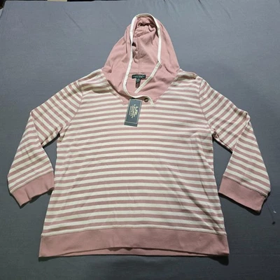 Lauren Ralph Lauren Mujer Capucha Camisa Rosa Blanco Rayas Manga 3/4 XL Nuevo Foto 1 de 4