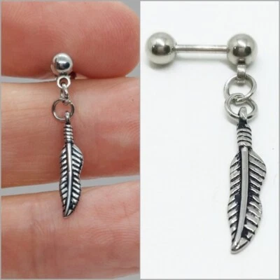 Piercing con piuma pendente in acciaio inox orecchino con piuma argento - Immagine 1 di 4