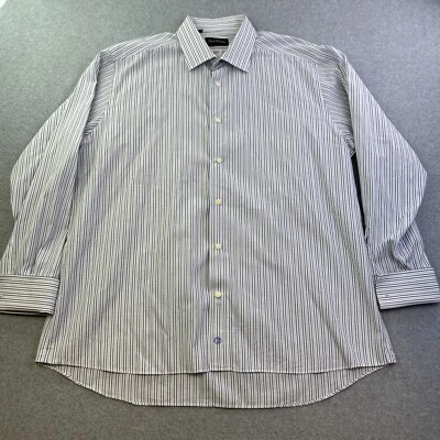 Camisa de vestir David Donahue para hombre 17,5 azul negro a rayas manga larga abotonada Foto 1 de 4