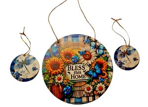 Bless This Home Round Wooden Wreath Sign 8x8" 2D 3" Acrylic Dragonfly Catcher - Picture 1 of 12