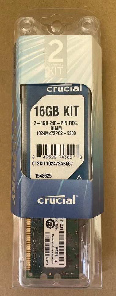 CRUCIAL CT2KIT102472AB667 PC2-5300 DDR2 667 16GB ECC REG KIT (8G x2) FOR SERVER - Image 1 of 1