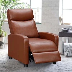 Push Back Theater Adjustable Recliner W/ Footrest Brown Faux Leather Living Room - Picture 1 of 8