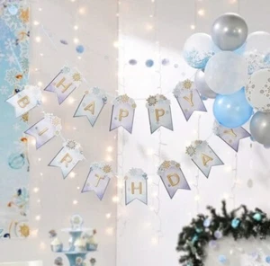 Gold Blue White Snowflake Happy Birthday Flag Banner for Winter Wonderland 12 Ft - Picture 1 of 8