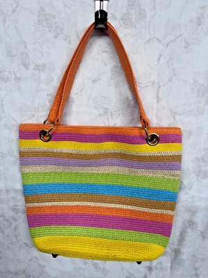 Magid Paper Straw Tote Handbag Multicolor Gold Tone Hardware Feet Beachy Purse - Image 1 of 4