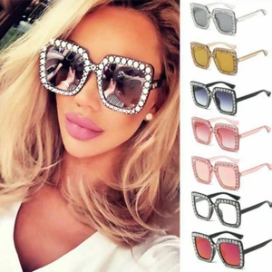 Bling Rhinestone Effect Oversized Square Frame Cat Eye Retro Women Sunglasses - Picture 1 of 22