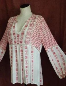 Sundance Boho Pink Embroidered White Crinkled Viscose Peasant Comfy Tunic L $198 - Picture 1 of 15
