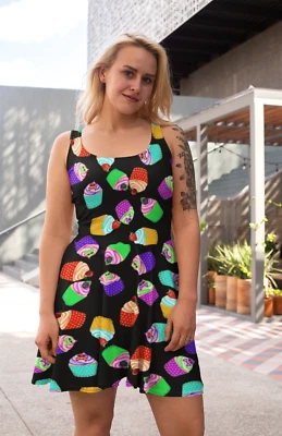 Women's Gothic Cupcake Skull Bone Cherry Print Rockabilly Dress Alternative - Image 1 of 3