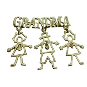 Grandma Gold Tone Brooch 2 girls 1 Boy Grandkids Grandparents Day - Picture 1 of 2
