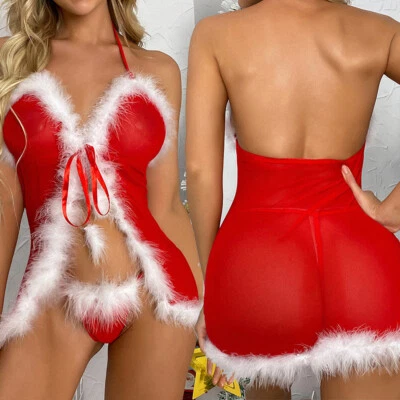 Mujeres Sexy Lencería Navidad Rojo Papá Noel Vestido Elegante Conjunto Babydoll Ropa de dormir EE. UU. Foto 1 de 4