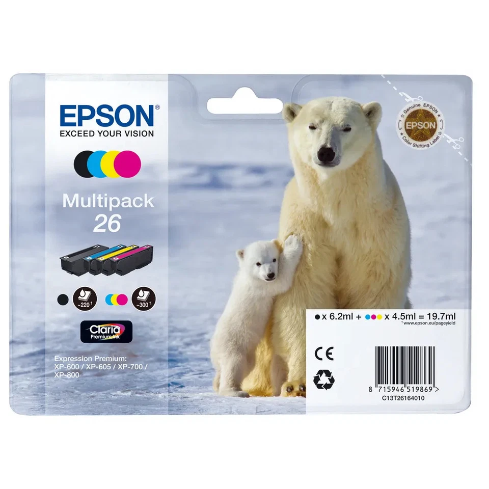 Genuine Epson 26/26XL Polar Bear Ink Range for XP-510 XP-610 XP-710 XP-820 Lot - Image 1 of 1