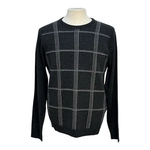 APT. 9 Men's Medium Crew Neck Sweater Gray Plaid Merino Wool Blend Long Sleeve - Picture 1 of 8