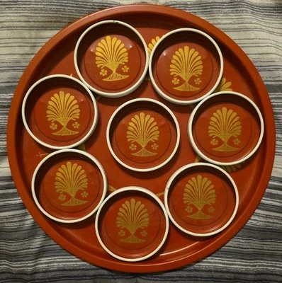 Vintage Mid Century Tray and (8)Coasters Red Gold Pattern Metal Set c1960 9 Pc - Image 1 of 4