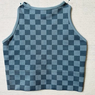 Gilly Hicks Women’s XS Blue seamless high neck crop top Checkered Extra Small - Image 1 of 4