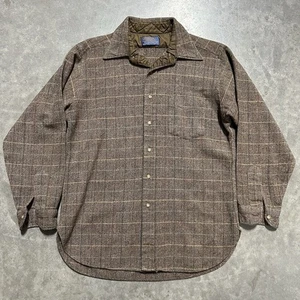 Vintage 70s Pendleton USA Made 100% Wool Flannel Shirt Brown Plaid Sz Large 80s - Picture 1 of 7