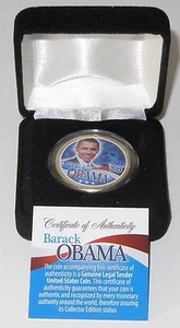Moneda de dólar Barack Obama 2008 genuina de oro de 24 k en capas y coloreada con certificado de autenticidad       - Imagen 1 de 4