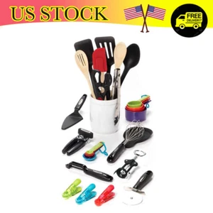 28pc Kitchen Utensil Gadget Set Silicone Wood Tools Dishwashersafe Crock New - Picture 1 of 21