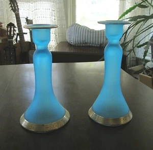 Tiffin Satin Deep Aqua Blue Candlesticks 151 w/ Encrusted Gold Rambler Rose Rare - Picture 1 of 23