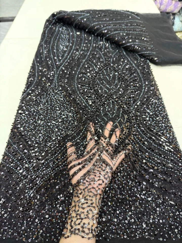 YQOINFKS Novia Cuentas Mujeres Nuevo Lentejuelas Tela Tul Encaje Bordado Malla 5 Yardas Foto 1 de 4