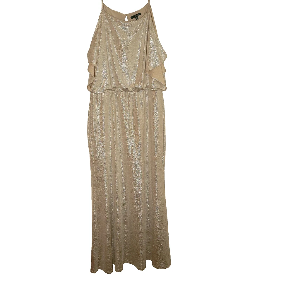 Lauren Ralph Lauren Metallic Silver Gold Maxi Gown Dress 18 Cold Shoulder Formal - Image 1 of 4