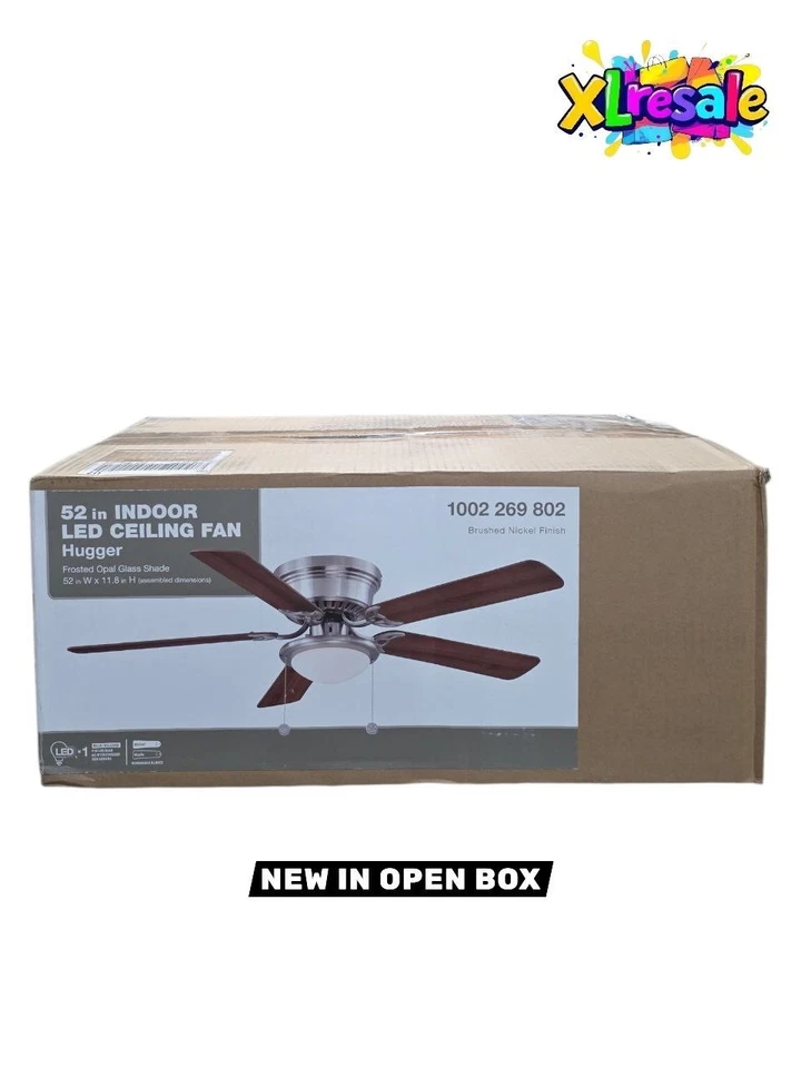 Hampton Bay Hugger 52 in. LED Indoor Brushed Nickel Ceiling Fan with Light Kit - Image 1 of 4