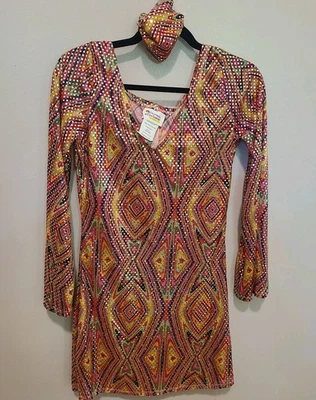 Disco Dolly Costume Sparkly Women's Size Med. Sequin Go Go Dress Groovy Scarf - Image 1 of 4