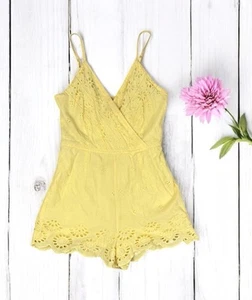 Yellow Eyelet One Piece Shorts Jumpsuit Romper Summer Cottagecore Beach Size XS - Picture 1 of 6