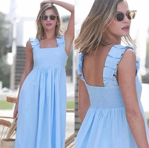 Neu ohne Etikett Lake Pyjama "Lolly Dress" Morning Baby Blue Swiss Dots Damen L strukturiert - Bild 1 von 12