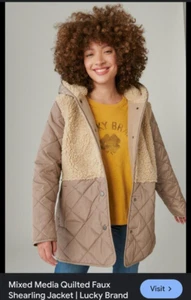 NWOT Lucky Brand Taupe Mixed Media Faux Shearling Hooded Button Up Jacket Sz S - Picture 1 of 12
