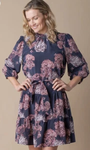 Margaret O'leary Hortensienkleid 100 % Seide rosa grau Größe Small Midi Stufen neu ohne Etikett - Bild 1 von 15