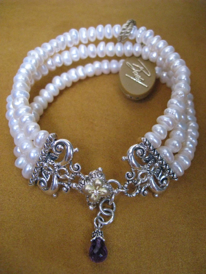 BRACELET BARBARA BIXBY WHITE PEARL CARVED FLOWER AMETHYST GEMSTONE BEAD Gift - Image 1 of 1