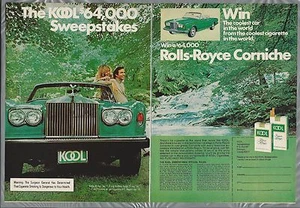 1975 KOOL Cigarettes 2 page advertisement, ROLLS ROYCE Corniche sweepstake - Picture 1 of 3