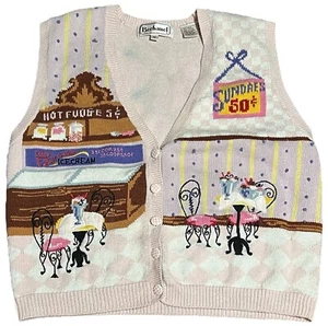 Vintage Bechamel Womens M Sweater Vest Cardigan Ice Cream Shop Embroidered - Picture 1 of 3