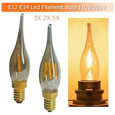 1X 2X 5X Led Filament Bulb Flame tip Amber Glass Ac110v Ac220v Cob Candle Light - Image 1 of 4