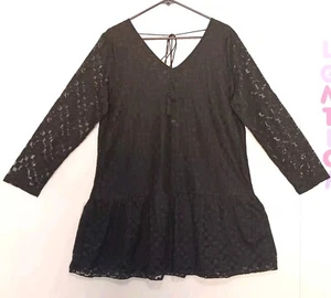 Velzera mini flare dress, loose lace, gathered ruffle, v-neck, long sleeves. - Picture 1 of 13