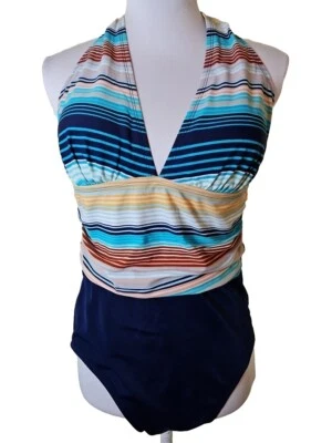 Womens Jantzen Sz 10 One Piece Swimsuit Large Paisley Blue Black Multi Flutter - Image 1 of 4