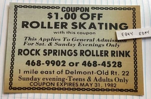 1982 ROCK SPRINGS ROLLER SKATING RINK DELMONT PA. RARE $1.00 COUPON NEW POSTCARD - Picture 1 of 1