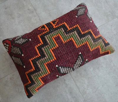 Wedding Pillow Decorative Cushion Kilim Rug wool Lumbar Pillow Cover 16" x 24" - Image 1 of 4