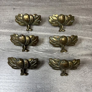 Vintage Brass Drawer Pulls Set Of 6 MCM Decor Olives Leaves 3.5” Rare Unique - Picture 1 of 11