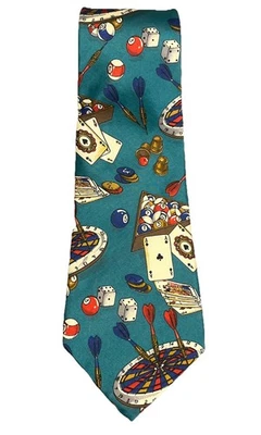 L’Atelier 100% Italian Silk Casino Tie Dice, Pool, Darts Teal Blue Made In USA - Image 1 of 4